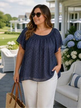 Chaps Navy Polka Dot Blouse XL Silky Flowy Top Short Sleeve Classic Preppy
